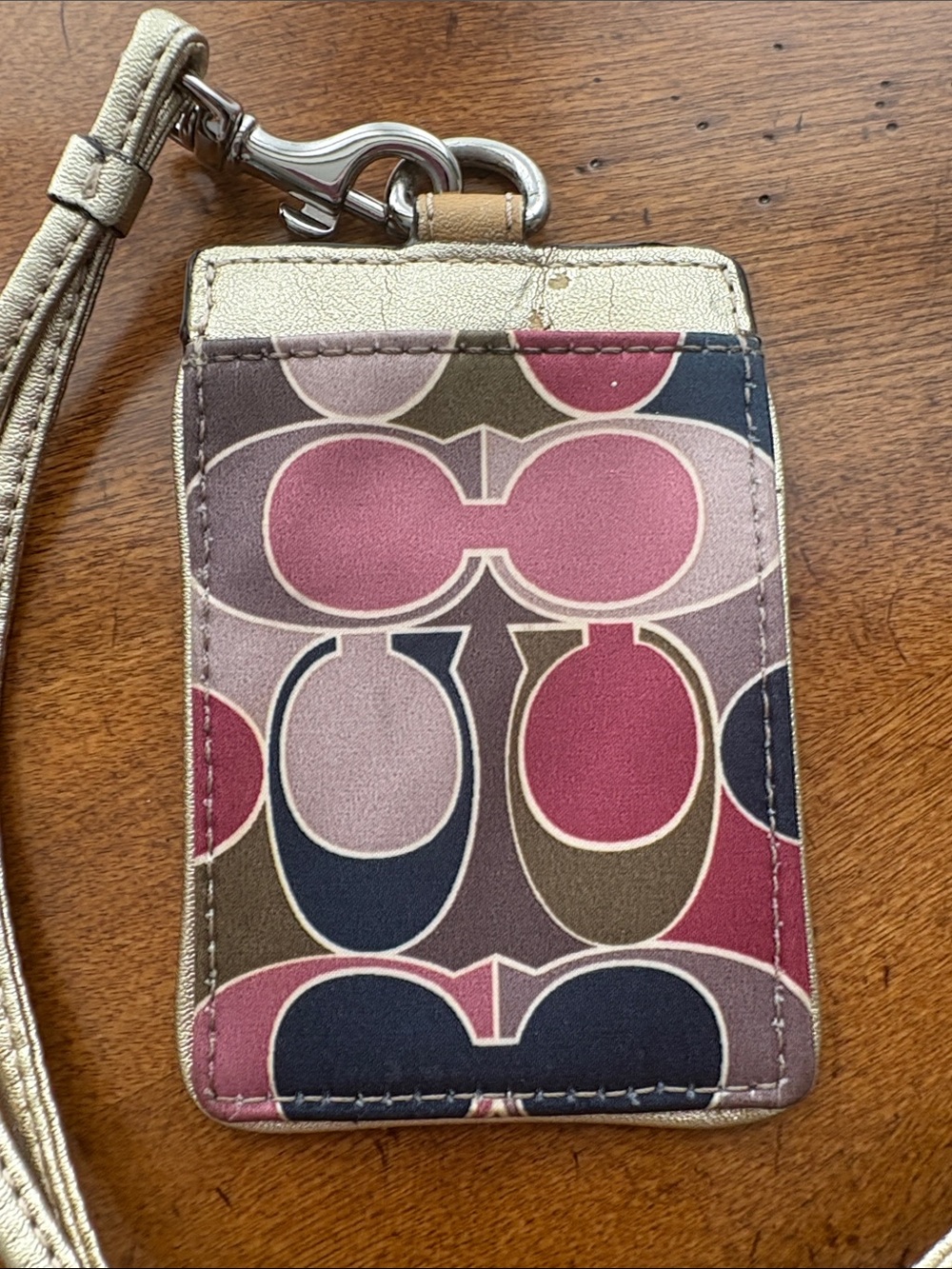 Coach Kristin Op Art Chain Link ID Lanyard Card Holder Metallic Gold Vintage